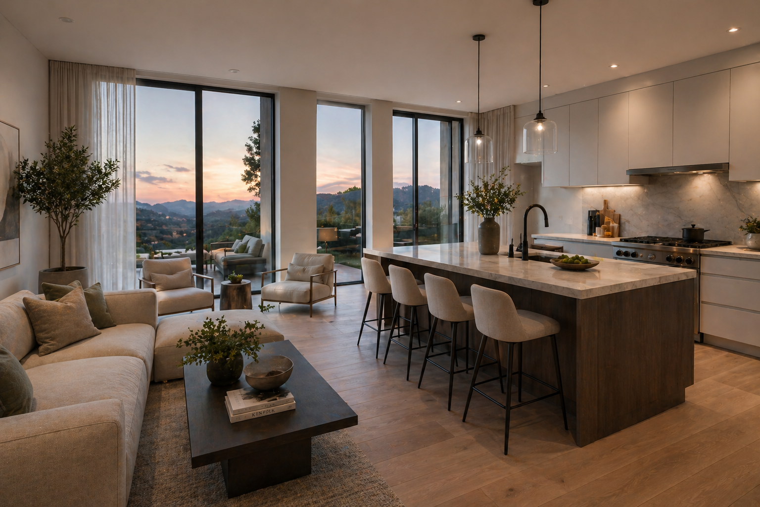 Sunset Living — open-plan interior with panoramic sunset view